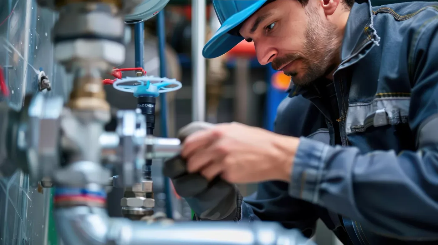A plumber tightening a valve on a run of polished supply piping