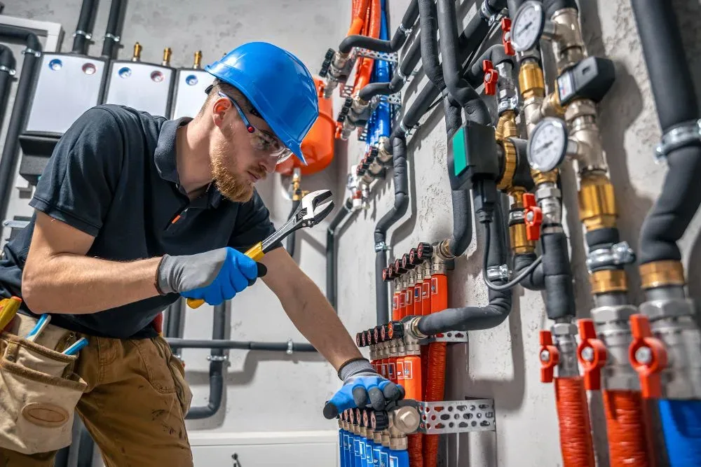 A plumber in a hard hat adjusting valves on a manifold of color-coded supply and return lines in a mechanical room