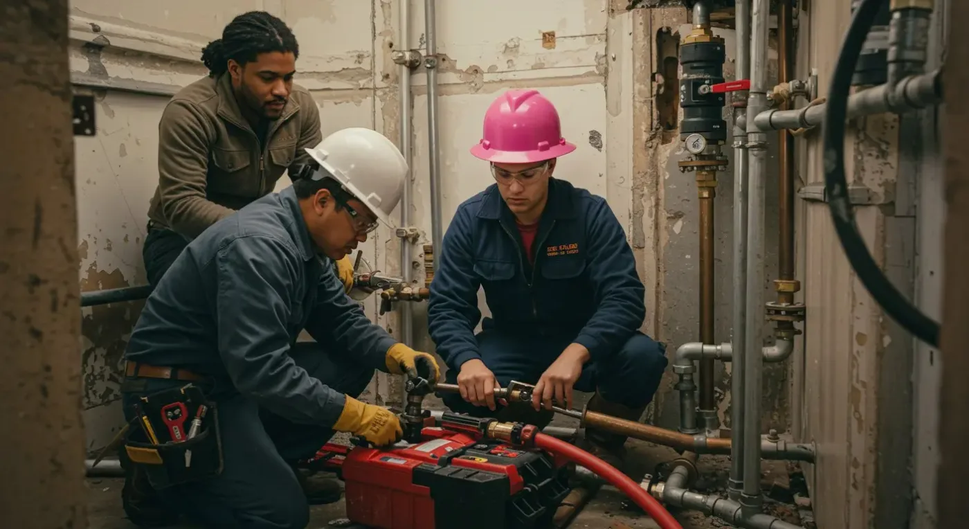 Three plumbers working on pipe connections in a building utility room