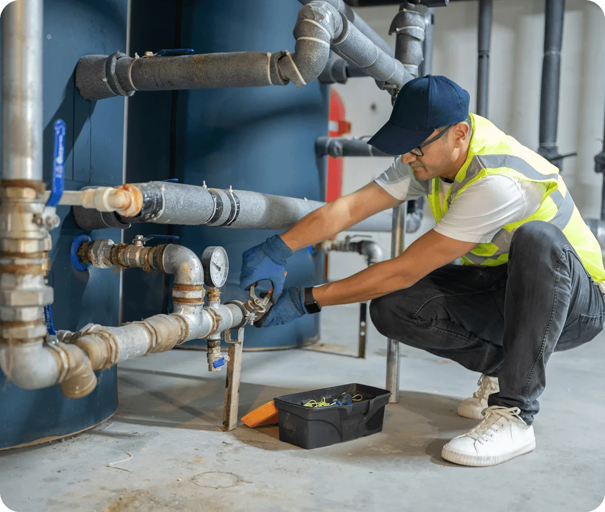 A plumber in a hi-vis vest adjusting a ball valve on galvanized supply piping in a mechanical room — plumbing contractor insurance in Arkansas
