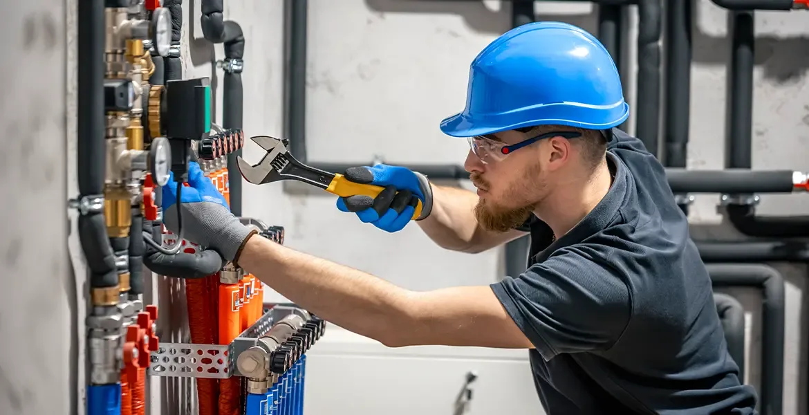 A plumber in a hard hat adjusting a hydronic manifold with color-coded distribution lines — plumbing contractor insurance in Kentucky
