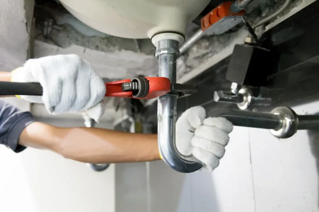 A plumber using a pipe wrench on a galvanized drain trap beneath a water heater — plumbing contractor insurance in California