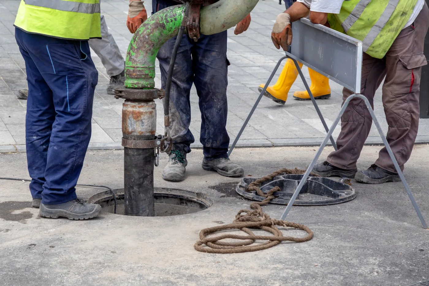 A crew working around an open manhole with a vacuum hose during a sewer service call — plumbing contractor insurance in Texas