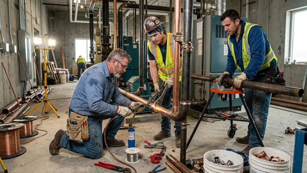 Three plumbers assembling and soldering copper pipe on a stand in a mechanical room — plumbing contractor insurance in Virginia