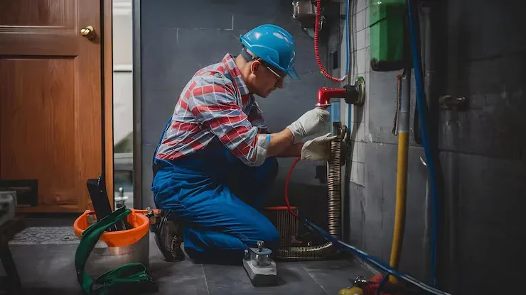 A plumber in a hard hat connecting a flexible supply line to a water heater — plumbing contractor insurance in Wisconsin