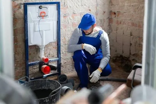 A plumber roughing in an in-wall toilet carrier and drain lines during a renovation — plumbing contractor insurance in Mississippi