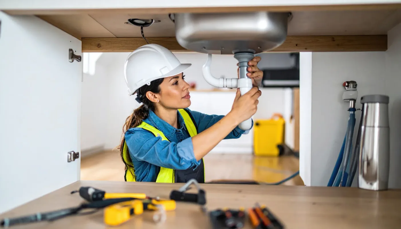 A plumber in a hi-vis vest tightening the PVC drain trap under a kitchen sink — plumbing contractor insurance in Montana