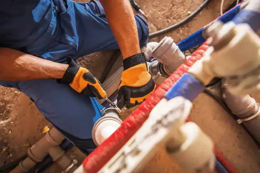 A plumber tightening a water-meter connection on service piping in an open excavation — plumbing contractor insurance in Nevada