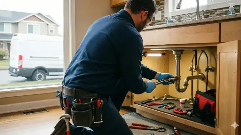 A plumber in a tool belt using pliers on the drain trap under a kitchen sink — plumbing contractor insurance in New York