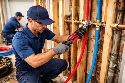 A plumber connecting red and blue PEX water lines inside an open stud wall — plumbing contractor insurance in Ohio