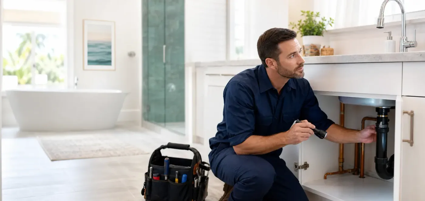 A plumber with a flashlight inspecting the copper supply and drain under a bathroom vanity — plumbing contractor insurance in Illinois