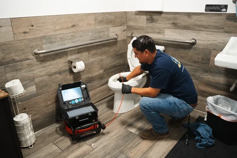 A plumber running a drain inspection camera into a toilet in a tiled restroom — plumbing contractor insurance in Utah