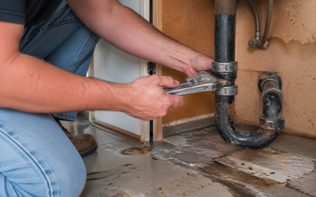 A plumber using pliers on a corroded cast-iron drain trap above a water-stained subfloor — plumbing contractor insurance in Missouri