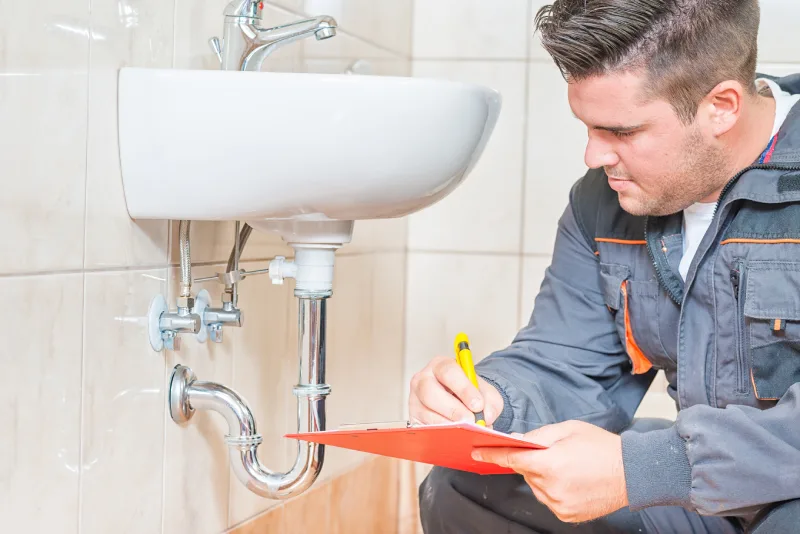 A plumber noting findings on a clipboard while inspecting the trap under a wall-hung sink — plumbing contractor insurance in Nebraska