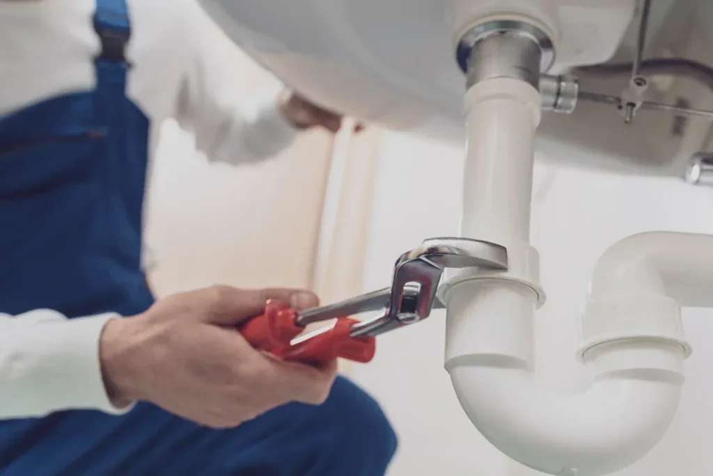 A plumber tightening a white PVC drain trap under a sink with adjustable pliers — plumbing contractor insurance in New Hampshire